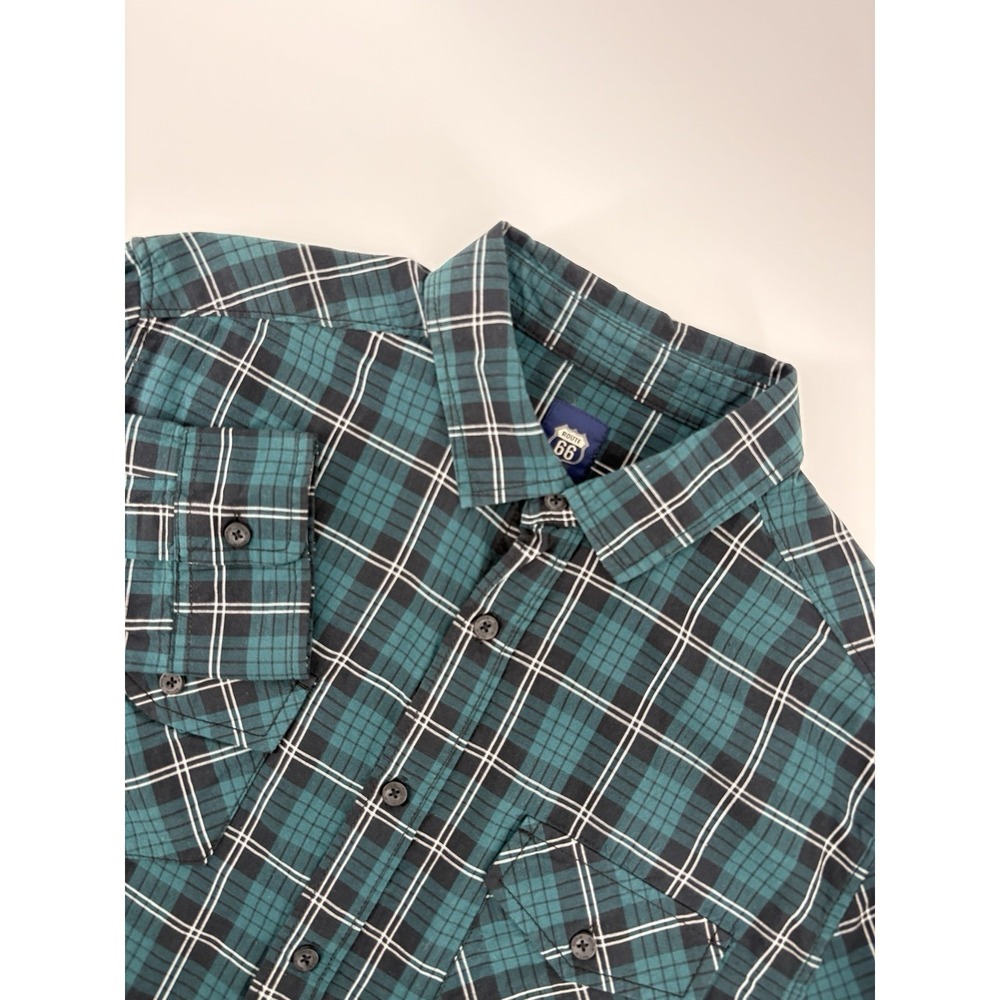 Vtg‎ 90s Route 66 Men's Medium Green Blue Plaid Button Up Long Sleeve